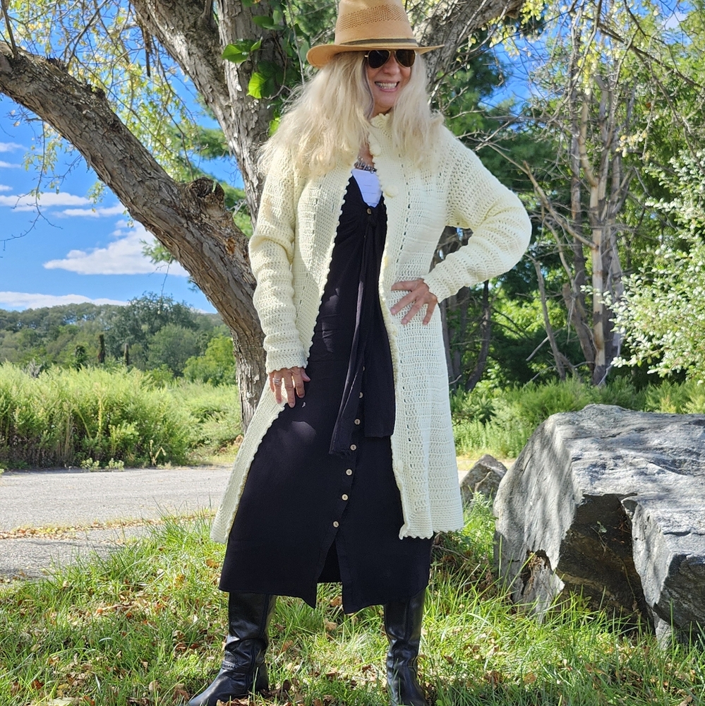 Hand Crafted New Crochet Long Button Front Wool Cardigan Sweater, Small, $85